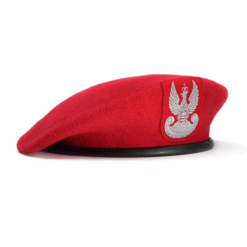 Beret tłoczony wojskowy WP czerwony z orzełkiem wełniany BB-TEX