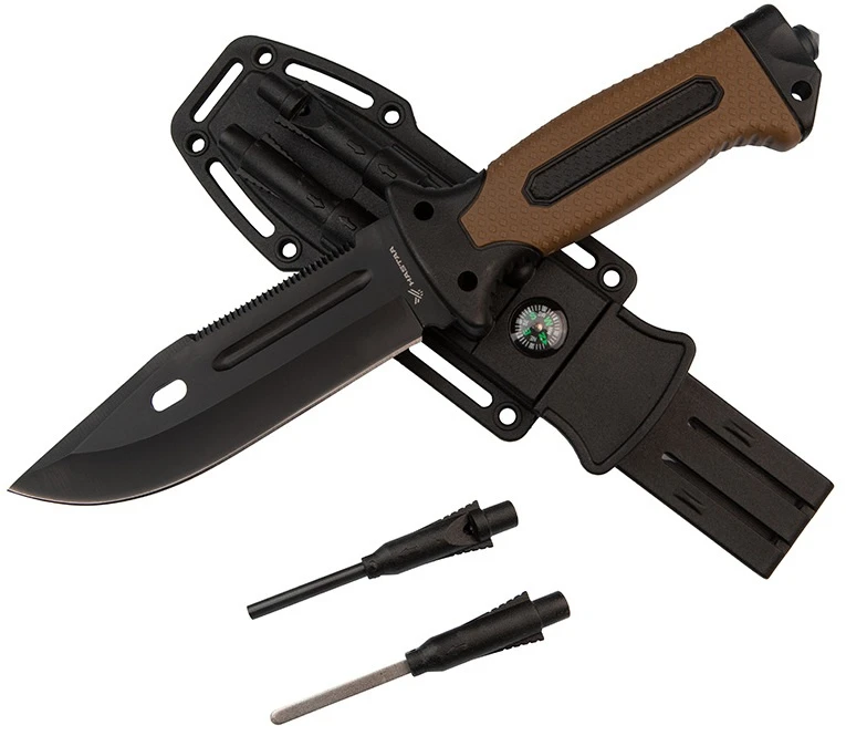 Nóż survivalowy z krzesiwem i ostrzałką