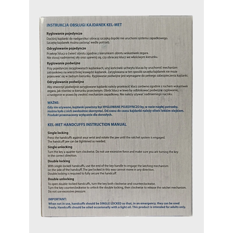 Duże profesjonalne Kajdanki atestowane dla policyji Kel-Met KM1001 inox 
