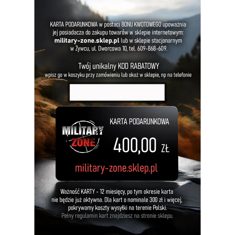 Karta Podarunkowa MILITARY ZONE bon na prezent 400 zł - Gratis wysyłka towaru