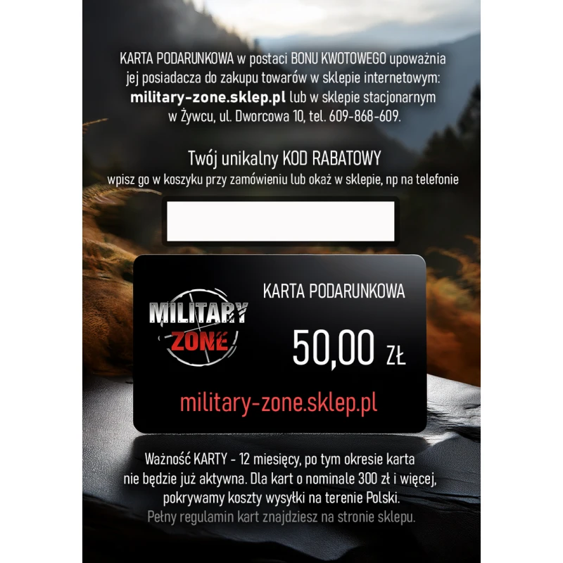 Karta Podarunkowa MILITARY ZONE bon na prezent 50 zł