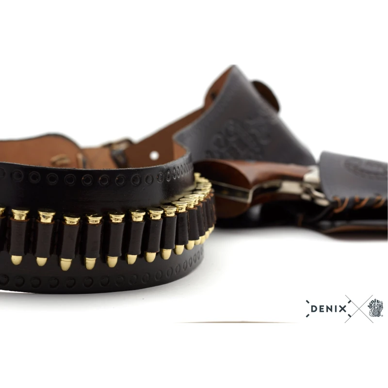 Kowbojski pas skórzany z nabojami i kaburą brązowy Denix