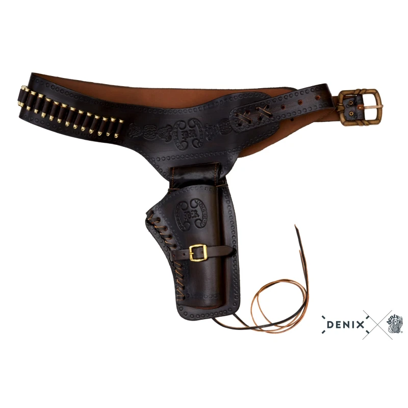 Kowbojski pas skórzany z nabojami i kaburą brązowy Denix