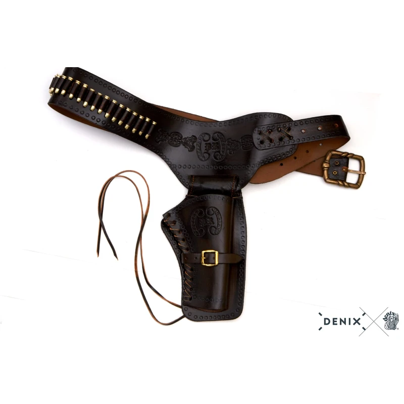 Kowbojski pas skórzany z nabojami i kaburą brązowy Denix