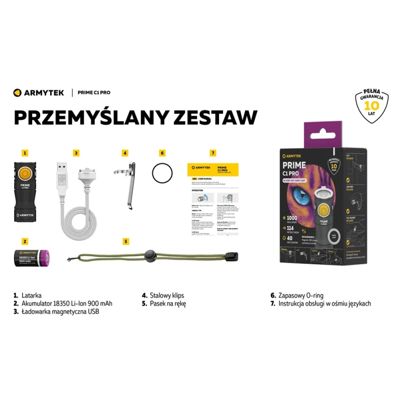 Latarka ArmyTek Prime C1 PRO White Magnet USB 1000lm