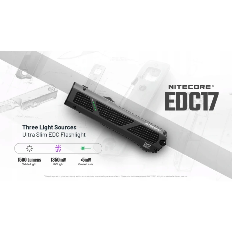 Latarka Nitecore EDC17 1500 lm, ultrafiolet, zielony laser kl.1 USB-C
