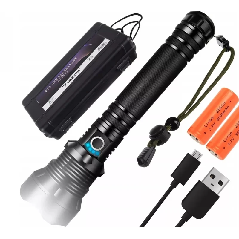 Latarka taktyczna ładowalna mocna led XHP70 zoom USB zestaw