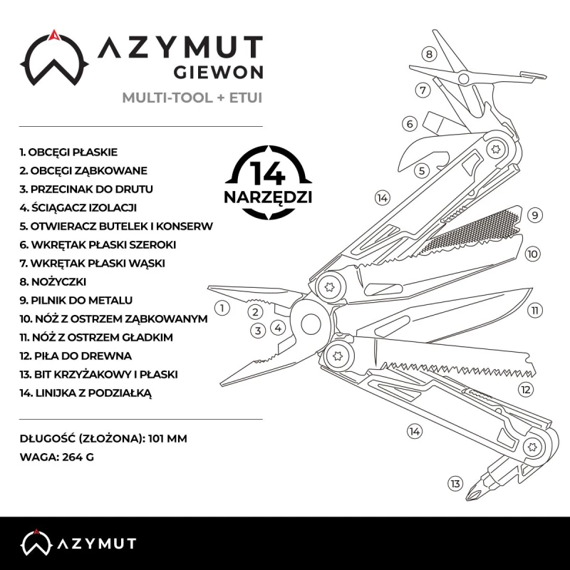 Multitool AZYMUT Giewon, 14 narzędzi + kabura do pasa H2038