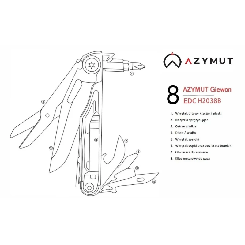 Multitool AZYMUT Giewon, 8 narzędzi + kabura do pasa H2038B