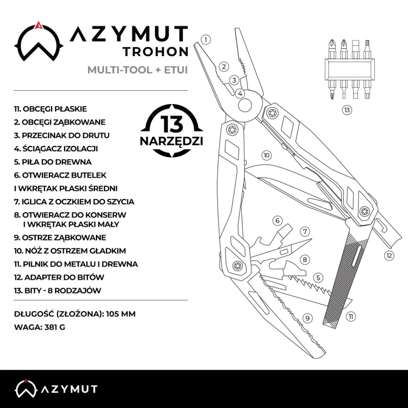 Multitool AZYMUT Trohon, 12 narzędzi,  8 bitów, kabura 