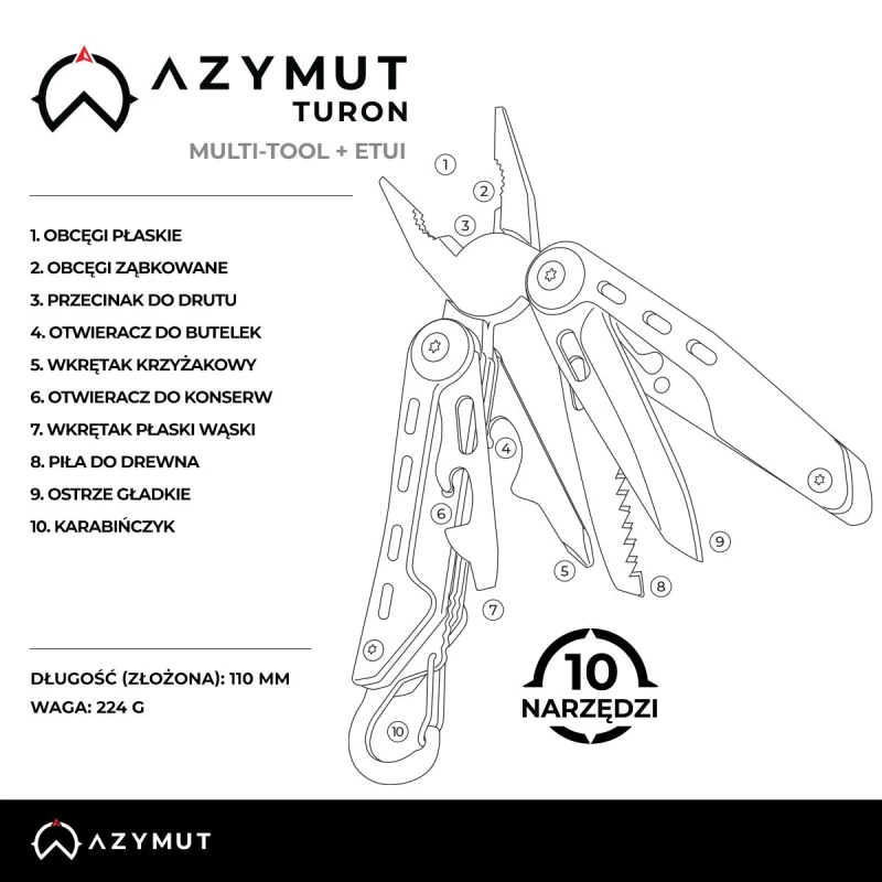 Multitool AZYMUT Turon, 10 narzędzi, karabinek, kabura