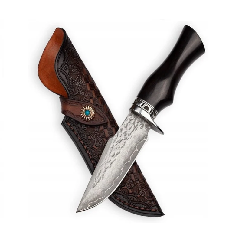 Nóż myśliwski Damast Takoma N-954B w skórzanej, ozdobnej pochwie