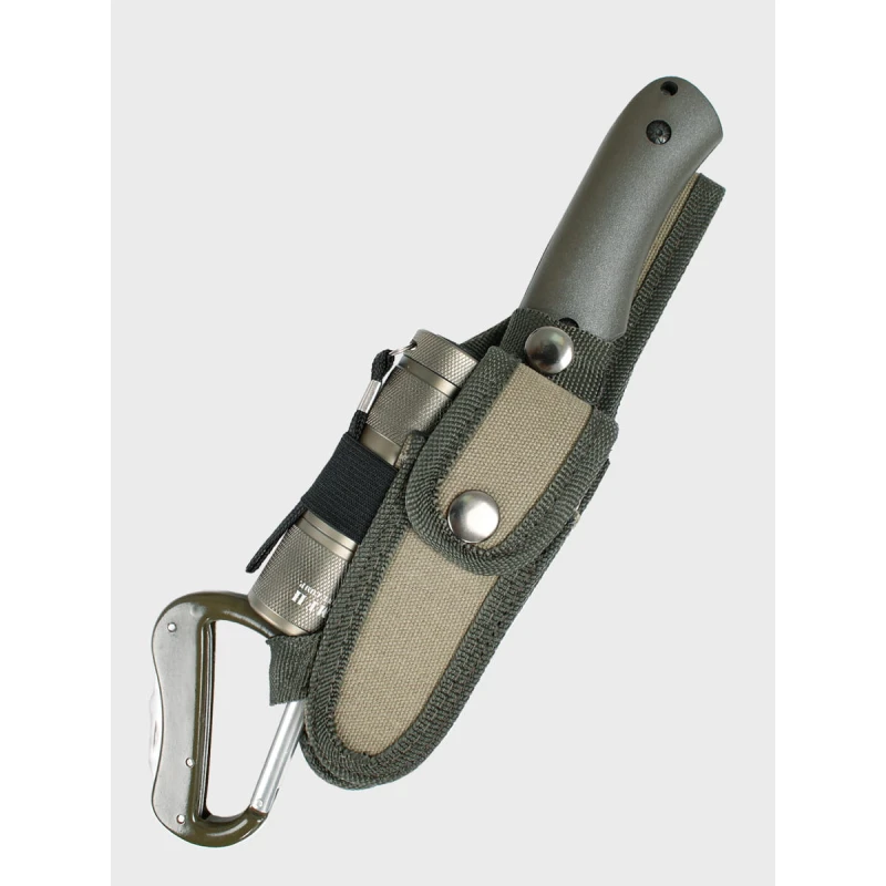 Zestaw Nóż survivalowy oliwkowy, scyzoryk, latarka, karabińczyk MFH 45451B, wyprzedaż