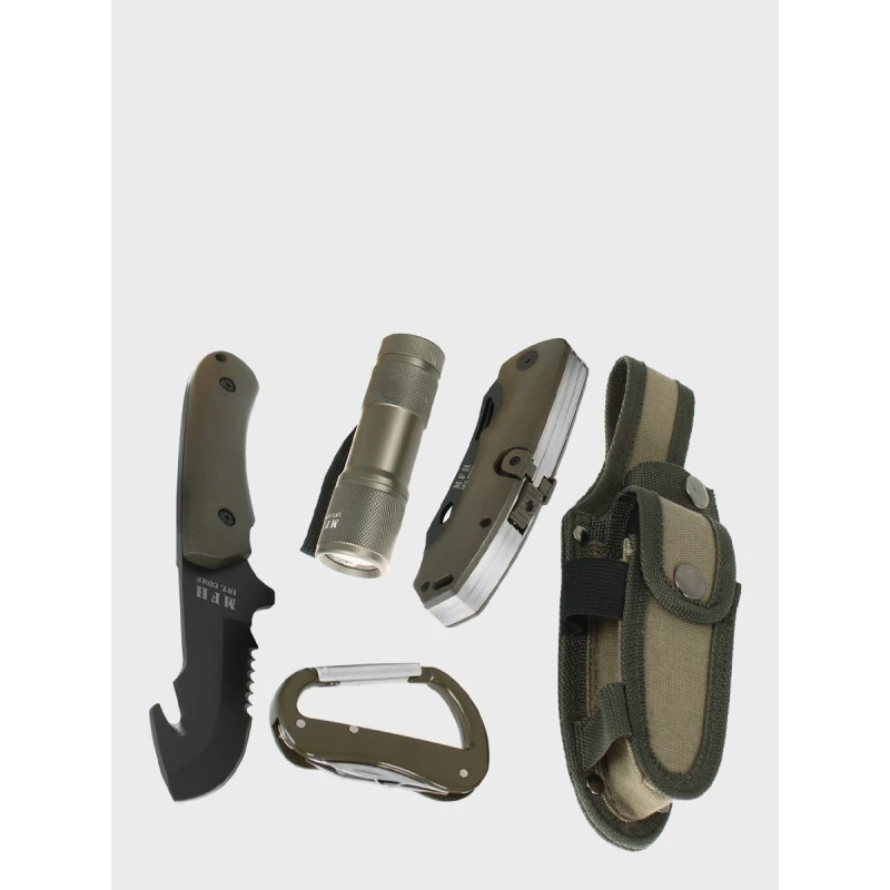 Zestaw Nóż survivalowy oliwkowy, scyzoryk, latarka, karabińczyk MFH 45451B, wyprzedaż