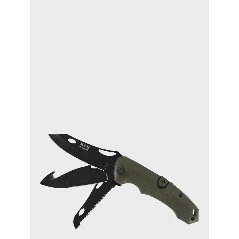 Zestaw Nóż survivalowy oliwkowy, scyzoryk, latarka, karabińczyk MFH 45451B, wyprzedaż