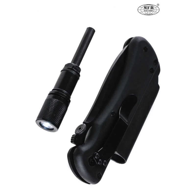 Składany nóż survivalowy z krzesiwem i latarką, stal 440 MFH 45453