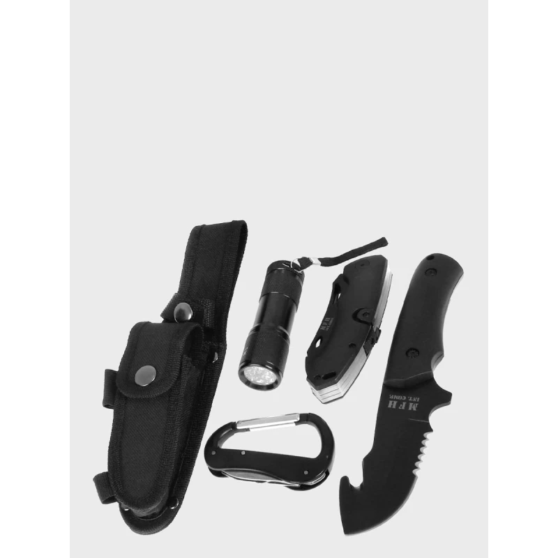 Zestaw Nóż survivalowy czarny, scyzoryk, latarka, karabińczyk MFH 45451A, wyprzedaż
