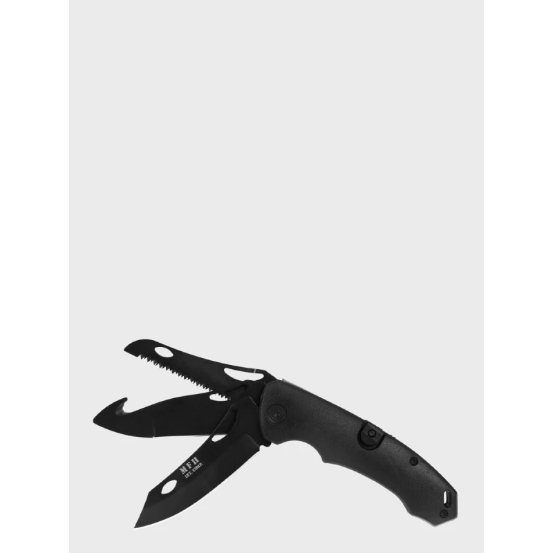 Zestaw Nóż survivalowy czarny, scyzoryk, latarka, karabińczyk MFH 45451A, wyprzedaż