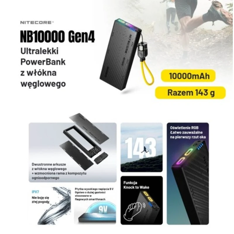 Power Bank Nitecore NB10000 GEN4 QC 3.0, 10000 mAh 2xUSB-C 22.5W szybkie ładowanie