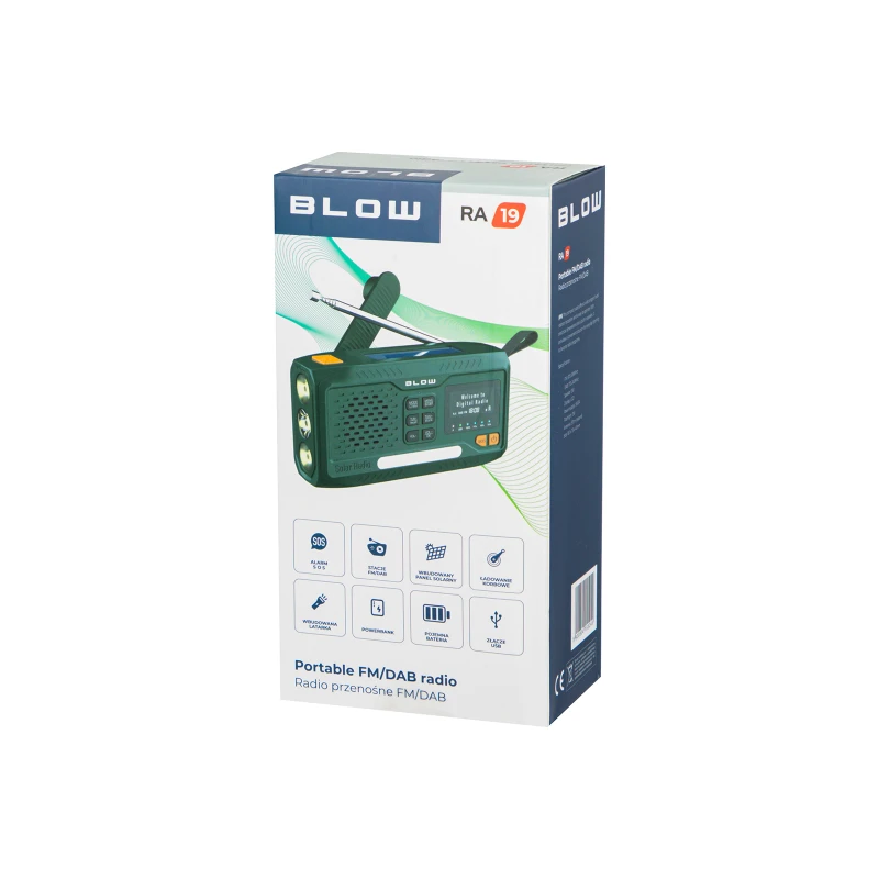 Radio survivalowe na korbkę, solarne, LCD Powerbank 4500 mAh AM/FM/DAB+ Bluetooth BLOW RA19