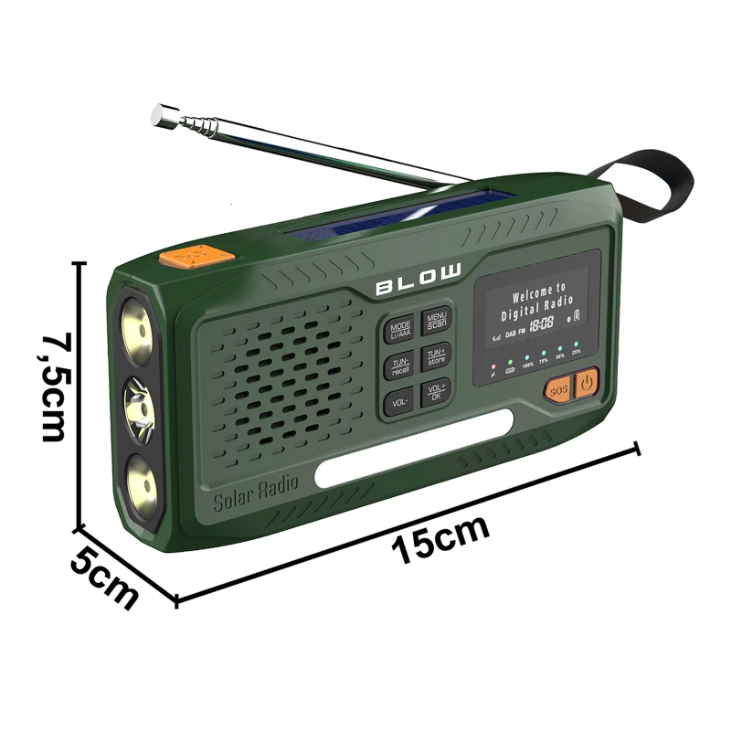 Radio survivalowe na korbkę, solarne, LCD Powerbank 4500 mAh AM/FM/DAB+ Bluetooth BLOW RA19