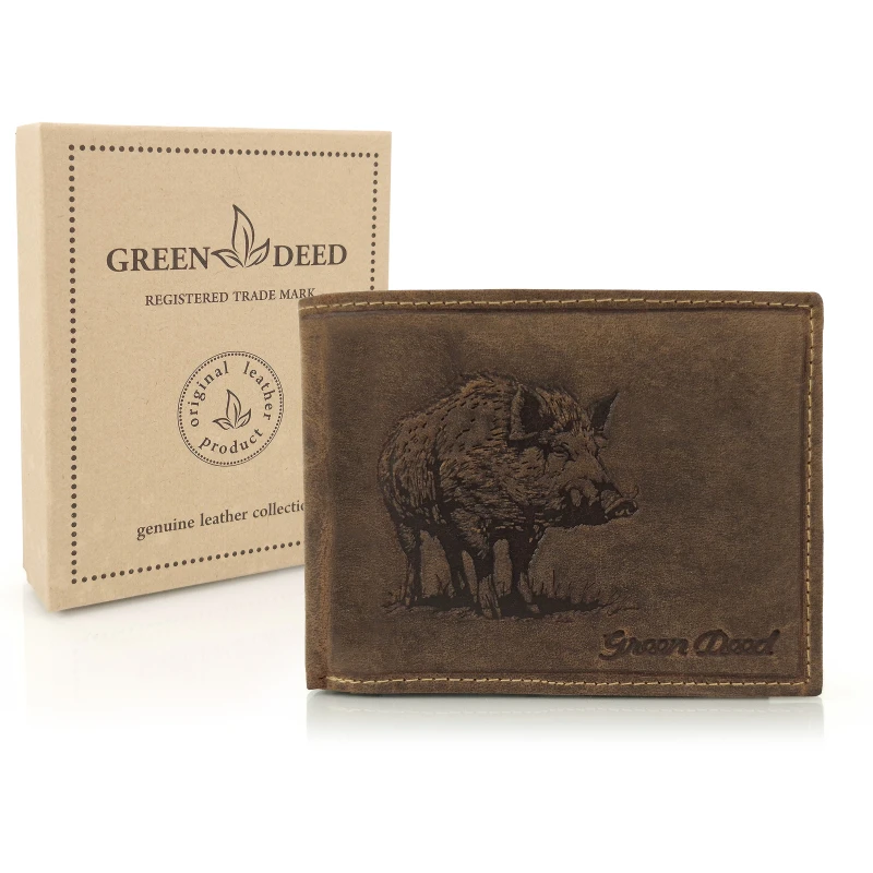 Skórzany portfel myśliwski Green Deed brązowy Dzik zabezpieczenie RFID