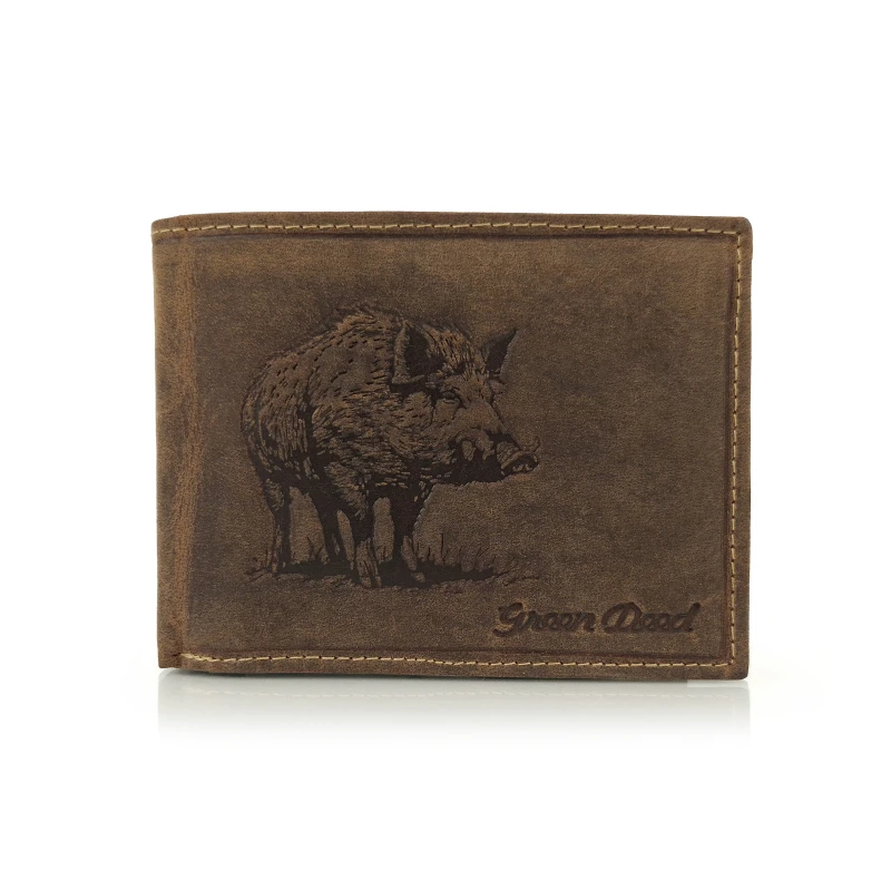 Skórzany portfel myśliwski Green Deed brązowy Dzik zabezpieczenie RFID