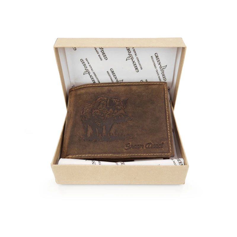 Skórzany portfel myśliwski Green Deed brązowy Dzik zabezpieczenie RFID