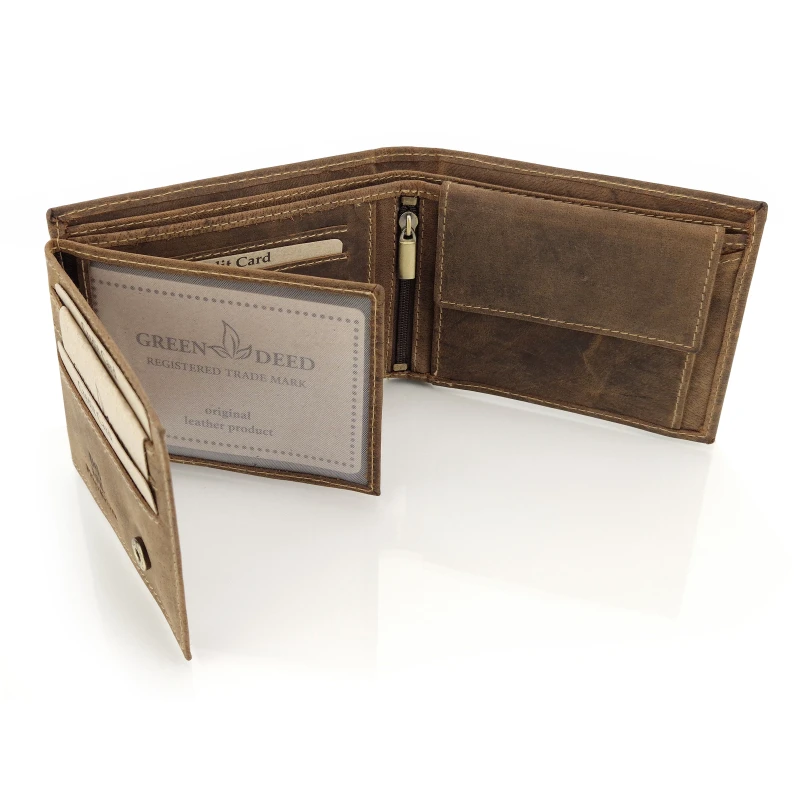Skórzany portfel myśliwski Green Deed brązowy Dzik zabezpieczenie RFID