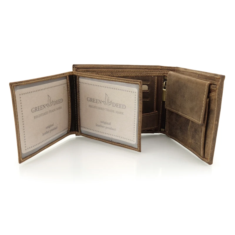 Skórzany portfel myśliwski Green Deed brązowy Dzik zabezpieczenie RFID