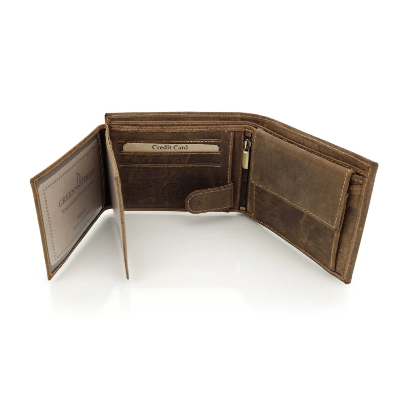 Skórzany portfel myśliwski Green Deed brązowy Dzik zabezpieczenie RFID