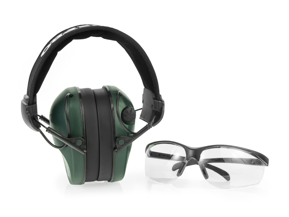 Słuchawki aktywne RealHunter ACTiVE Pro zielone i okulary