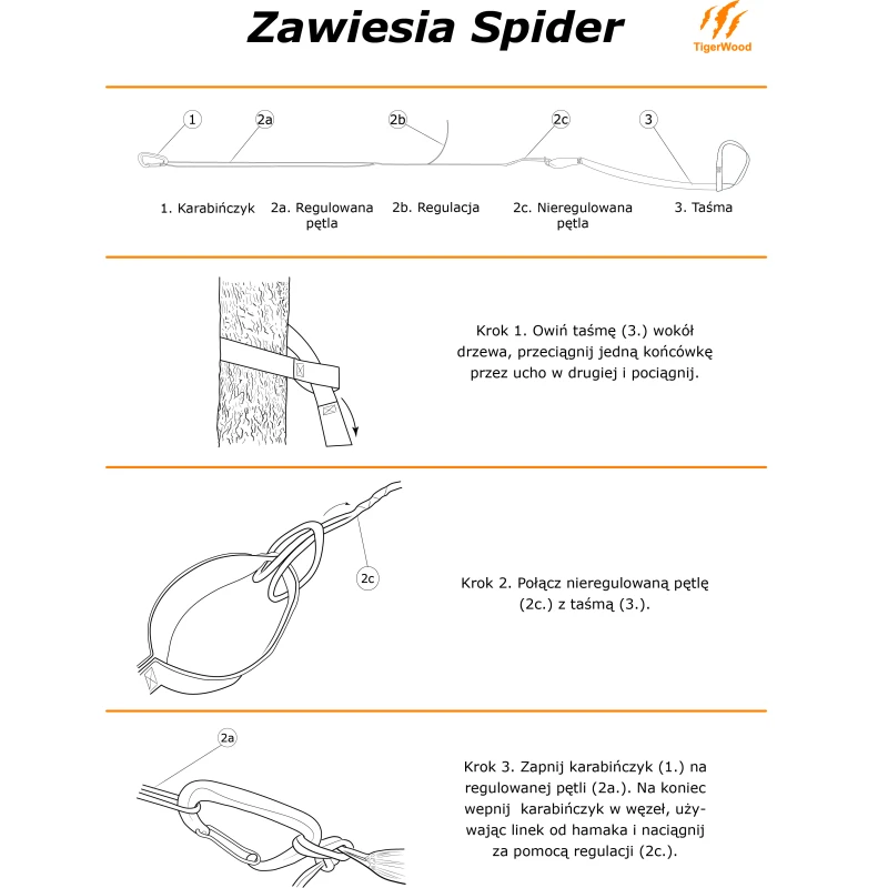 Zawiesie Tigerwood Spider - mocowanie, linka do hamaka do 750 kg