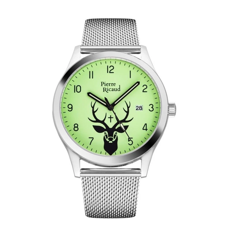 Zegarek myśliwski z bransoletą Pierre Ricaud - Jeleń św. Huberta z datą fluo