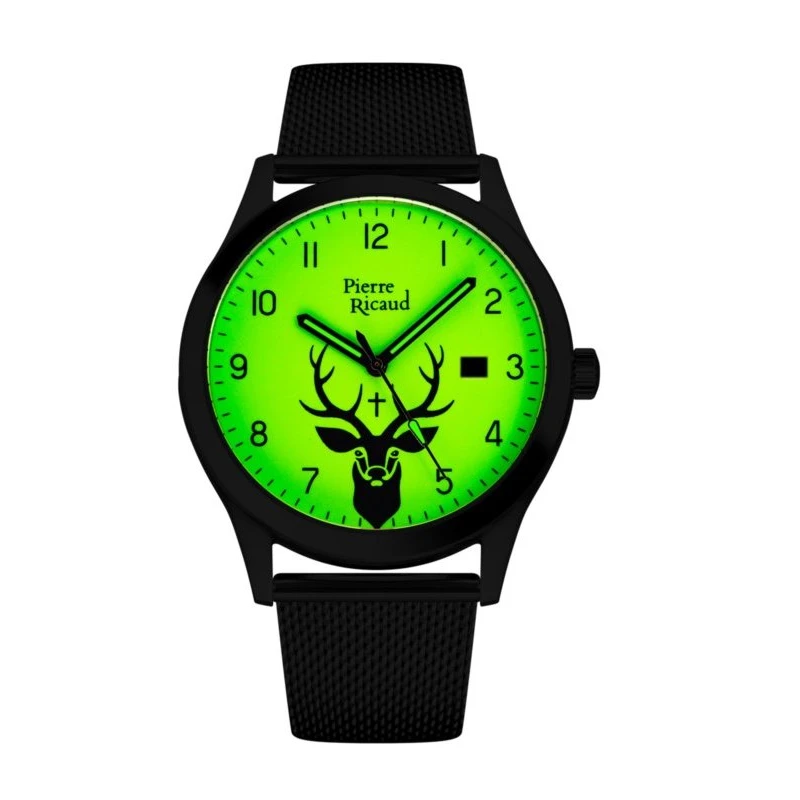 Zegarek myśliwski z bransoletą Pierre Ricaud - Jeleń św. Huberta z datą fluo