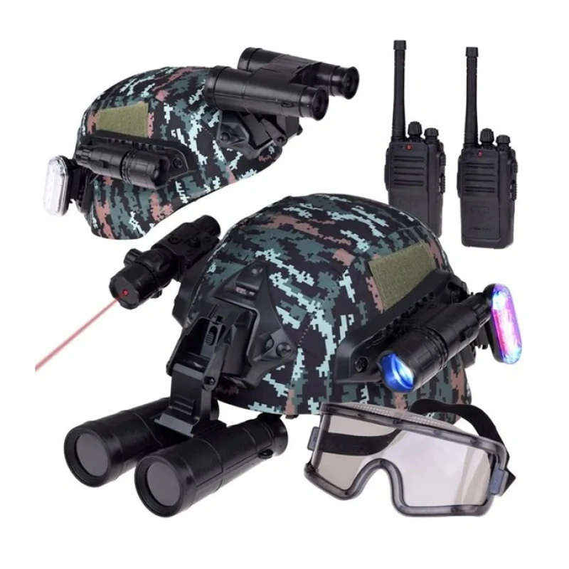 Zestaw żołnierza dla dzieci zabawka hełm, lornetka, działające walkie-talkie, latarka